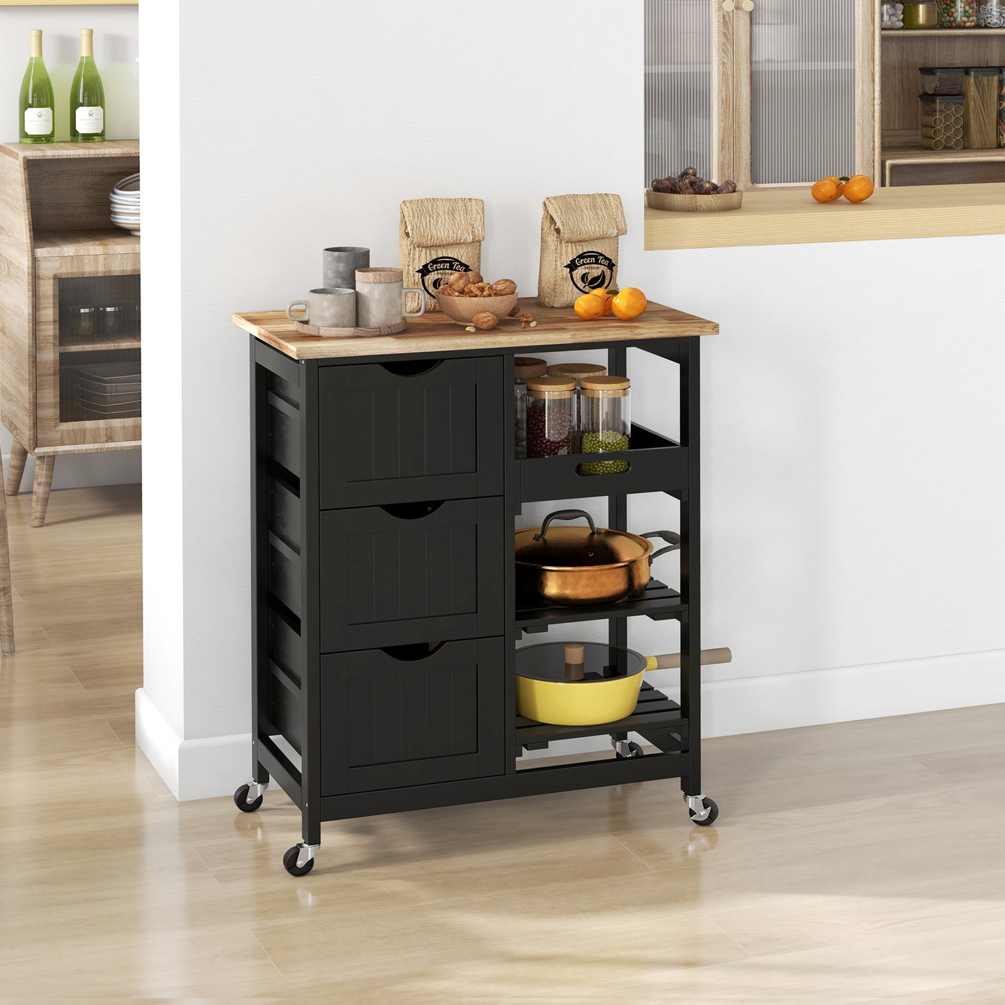 Rolling Kitchen Cart With Drawers, Shelves, And Tray