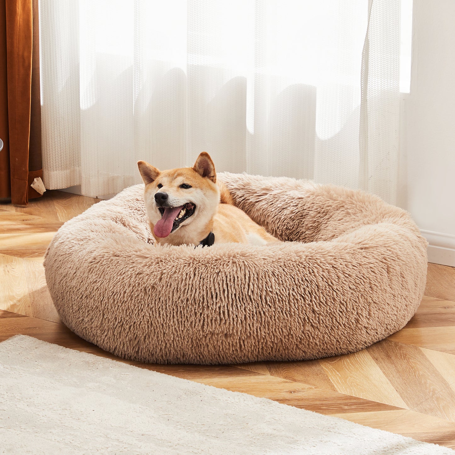 Round Plush Faux Fur Pet Bed with Anti Slip Base