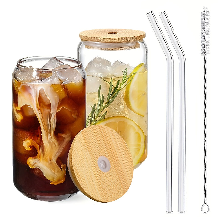 Glass Cup With Bamboo Lid And Reusable Straw