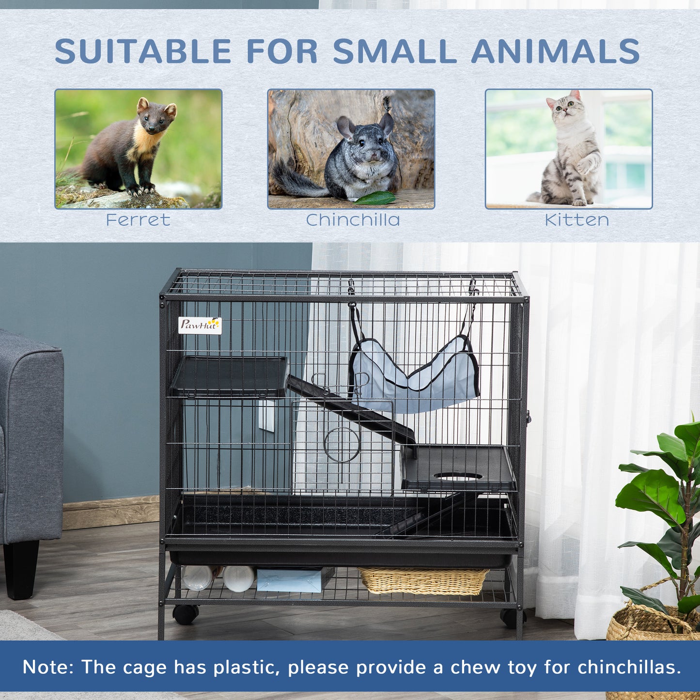 3 Tier Rolling Small Animal Cage with Ramps, Hammock and Storage Shelf