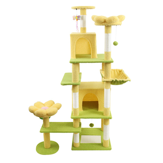 71" Flower Cat Tree with Large Condo, Removable Flower Cushion & Hammock – Yellow
