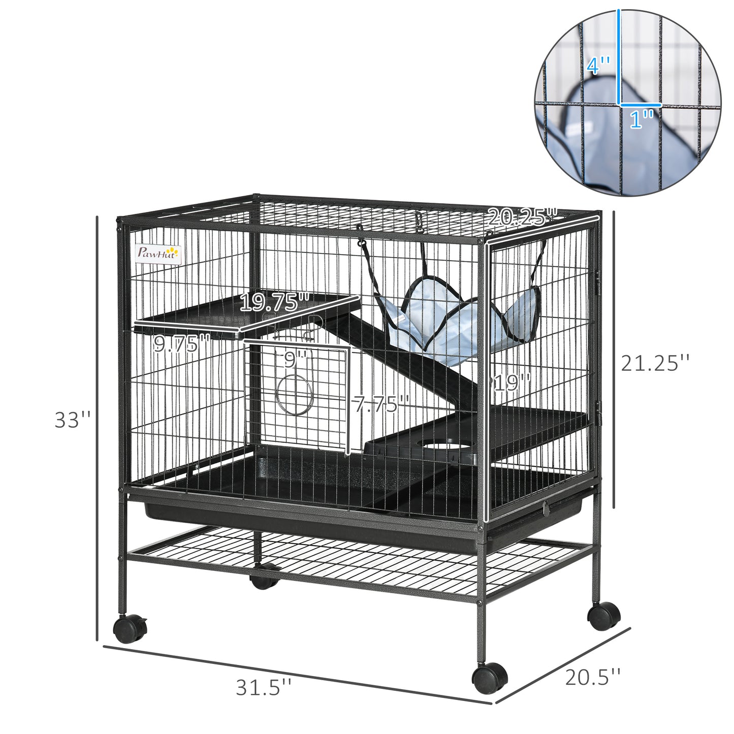 3 Tier Rolling Small Animal Cage with Ramps, Hammock and Storage Shelf