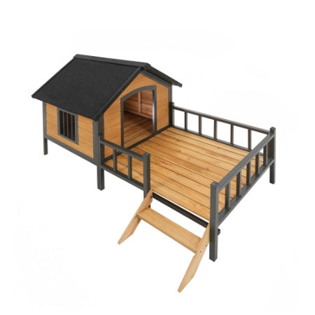 Outdoor Wooden Dog Kennel with Covered Cabin and Porch for Large Dogs
