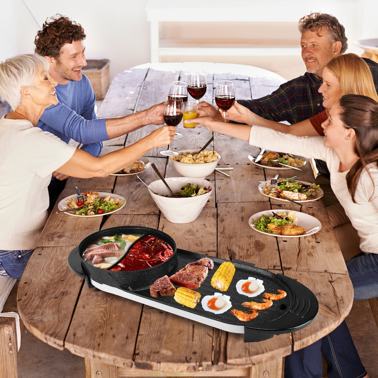 2 In 1 Electric Hot Pot And BBQ Grill Cooker With Independent Temperature Control