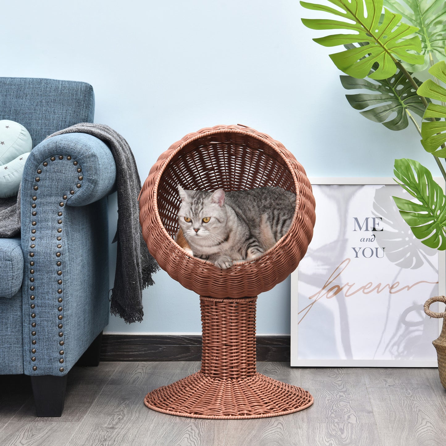 Rotating Elevated Cat Pod Bed with Woven Basket and Cushion