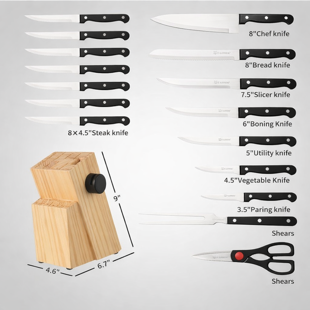 19 Piece German Steel Knife Set With Built In Sharpener And Wooden Block