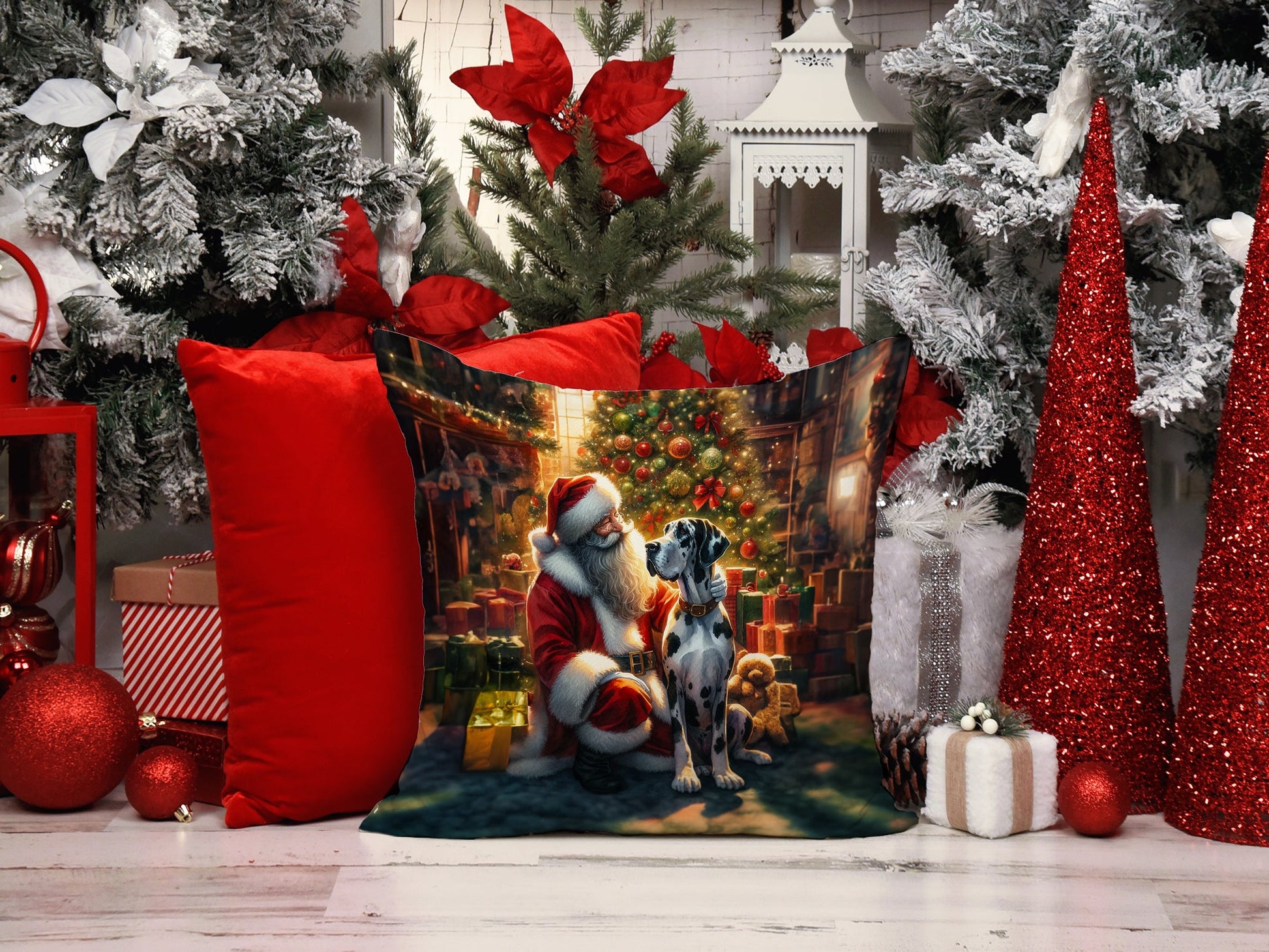 Great Dane and Santa Claus Throw Pillow-1