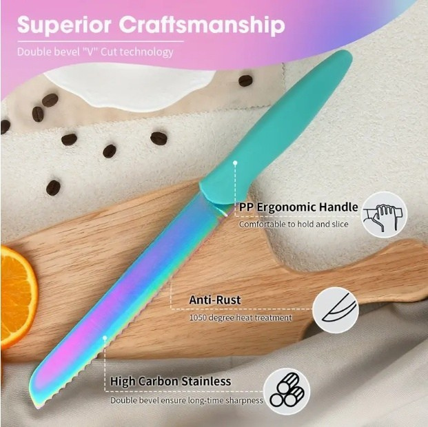 Rainbow Titanium Stainless Steel Kitchen Knife Set With Block And Scissors 14 Piece