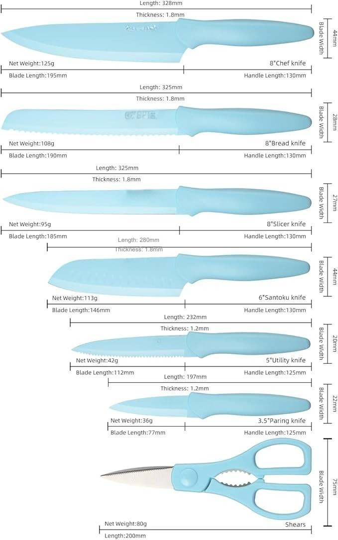 13 Piece Titanium Coated Stainless Steel Knife Set With Sheaths