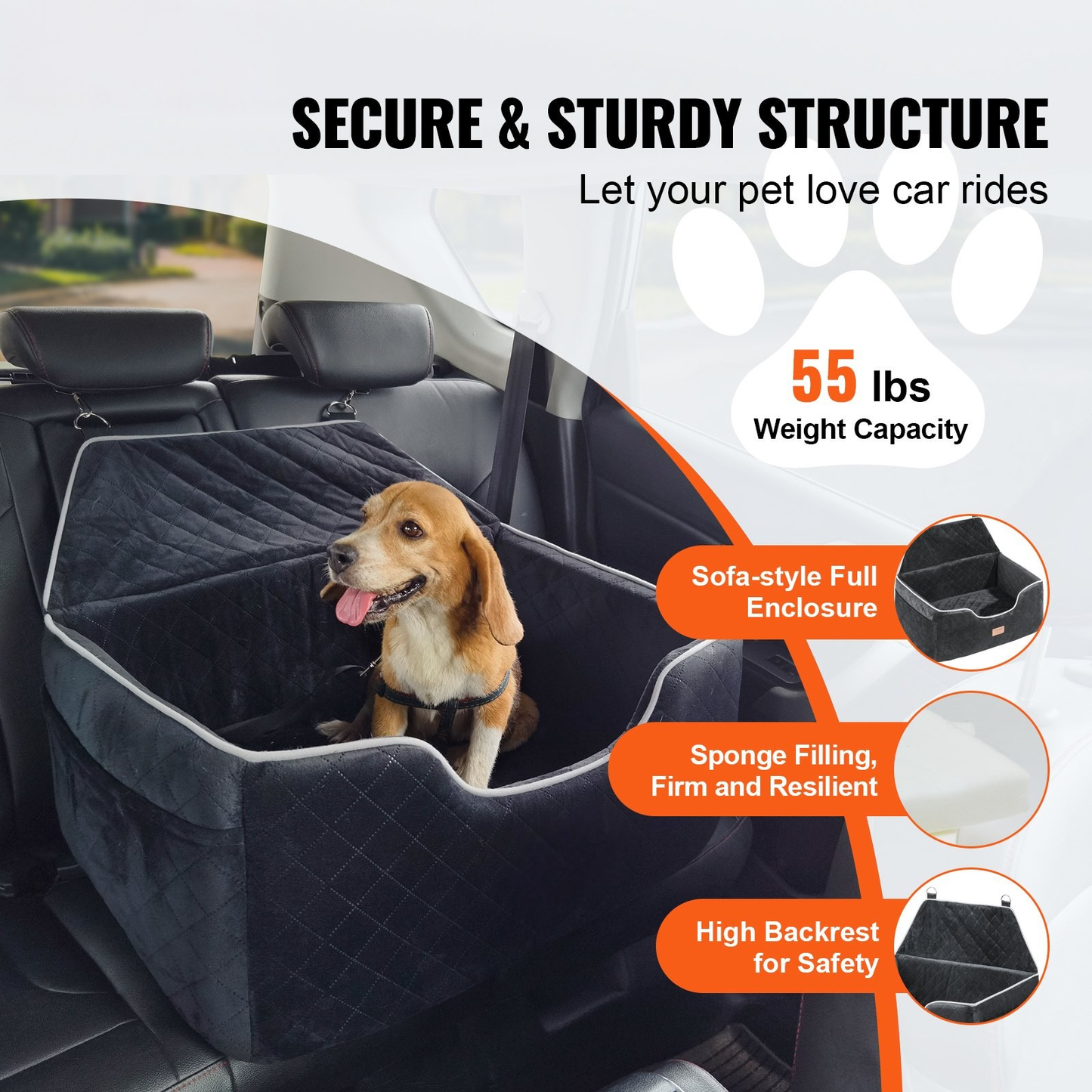 Sofa-Style Dog Booster Car Seat – Rear Seat Travel Bed for Dogs up to 55 lbs