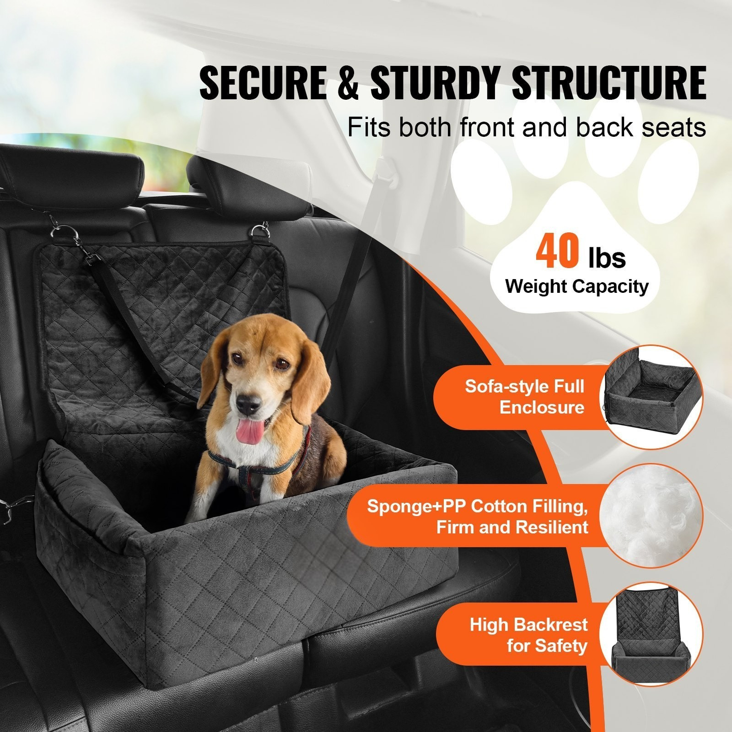 Sofa-Style Dog Booster Car Seat for Small & Medium Dogs up to 40 lbs – Front & Rear Seat Travel Bed