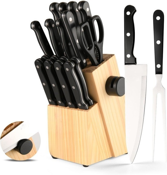 19 Piece German Steel Knife Set With Built In Sharpener And Wooden Block