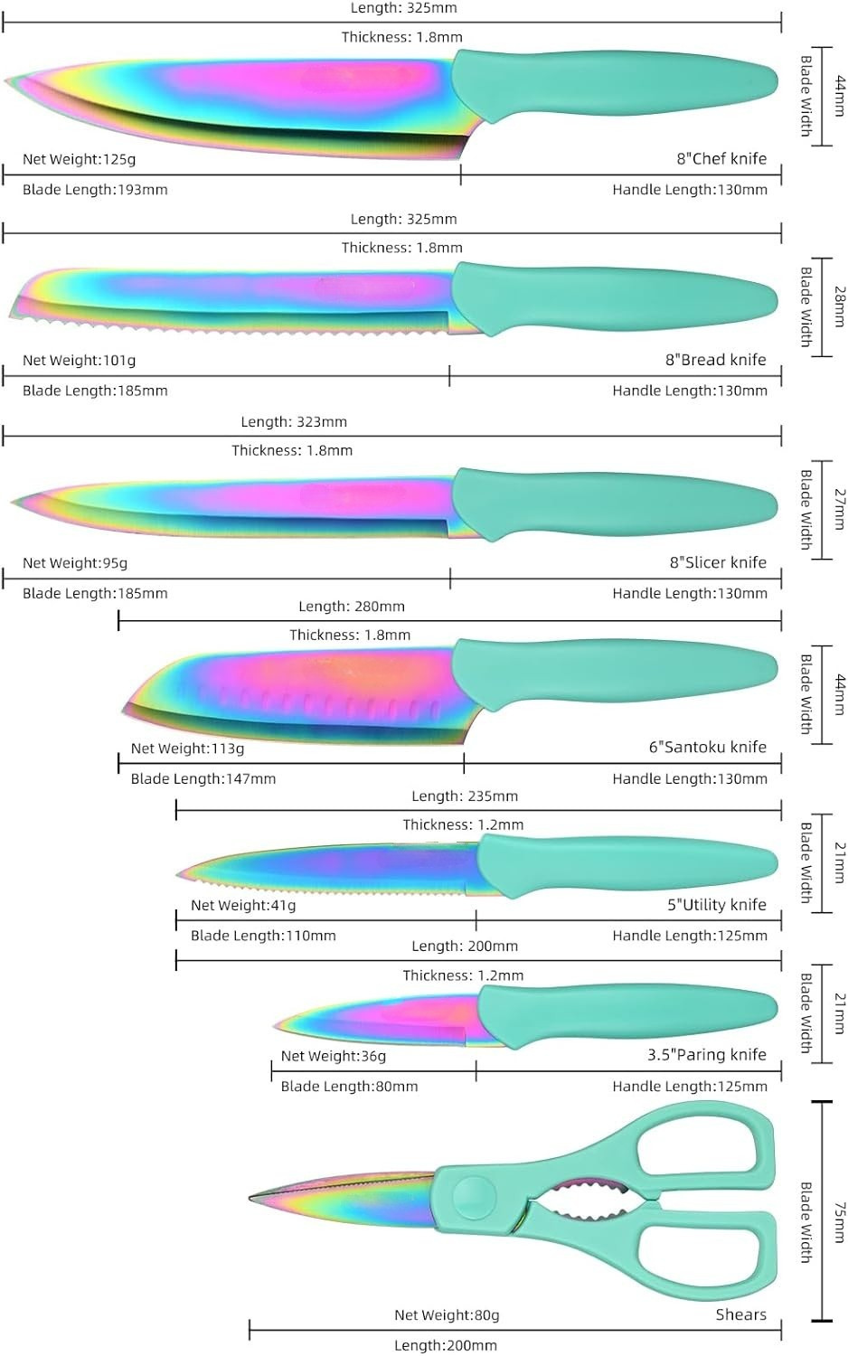 13 Piece Titanium Coated Stainless Steel Knife Set With Sheaths
