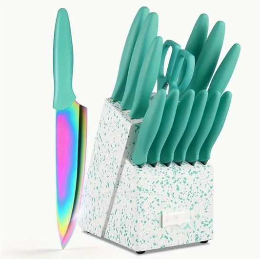Rainbow Titanium Stainless Steel Kitchen Knife Set With Block And Scissors 14 Piece