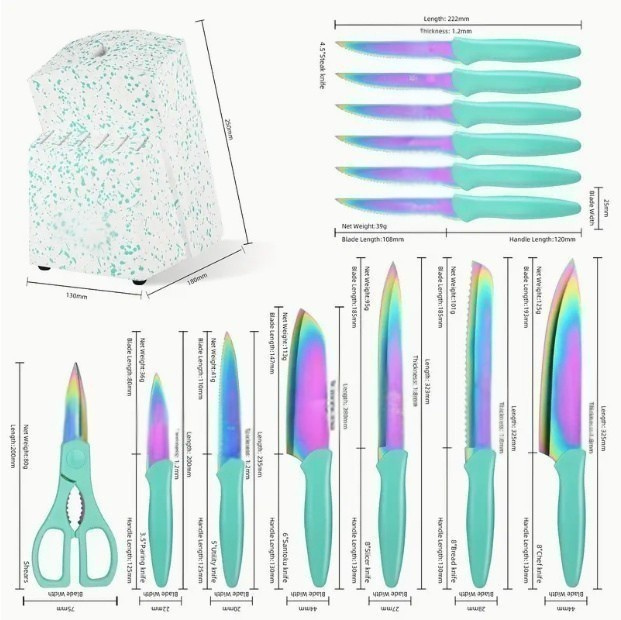 Rainbow Titanium Stainless Steel Kitchen Knife Set With Block And Scissors 14 Piece
