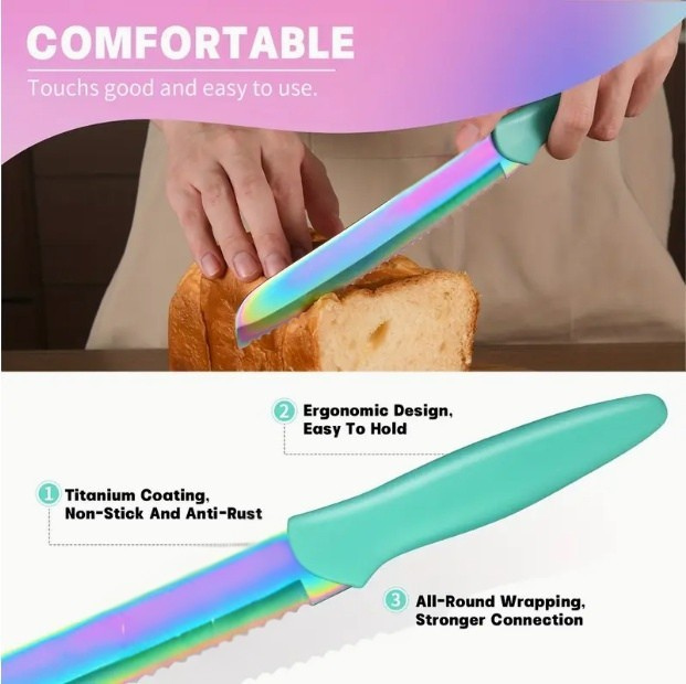 Rainbow Titanium Stainless Steel Kitchen Knife Set With Block And Scissors 14 Piece