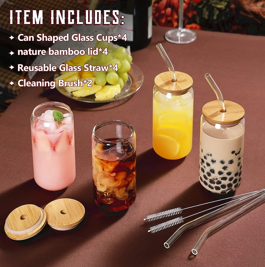 Glass Cup With Bamboo Lid And Reusable Straw