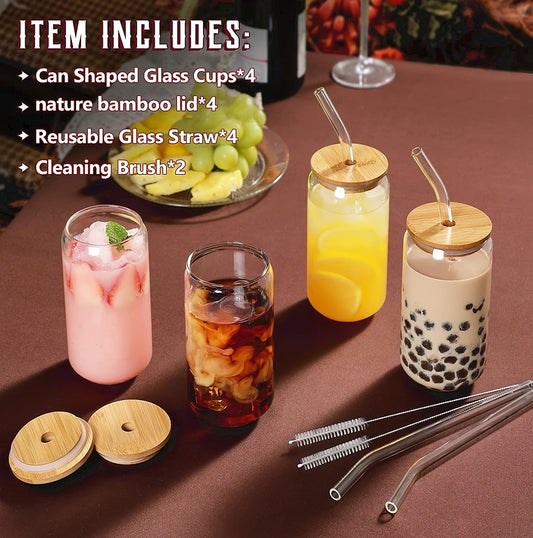 Glass Cup With Bamboo Lid And Reusable Straw