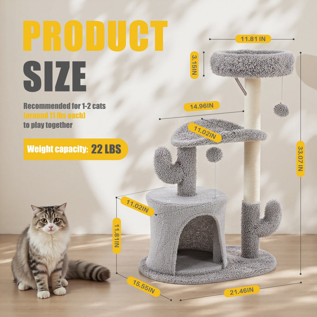 Small Cat Tree Tower with Curved Bed – 33" Cactus-Style Cat Scratching Post with Perches