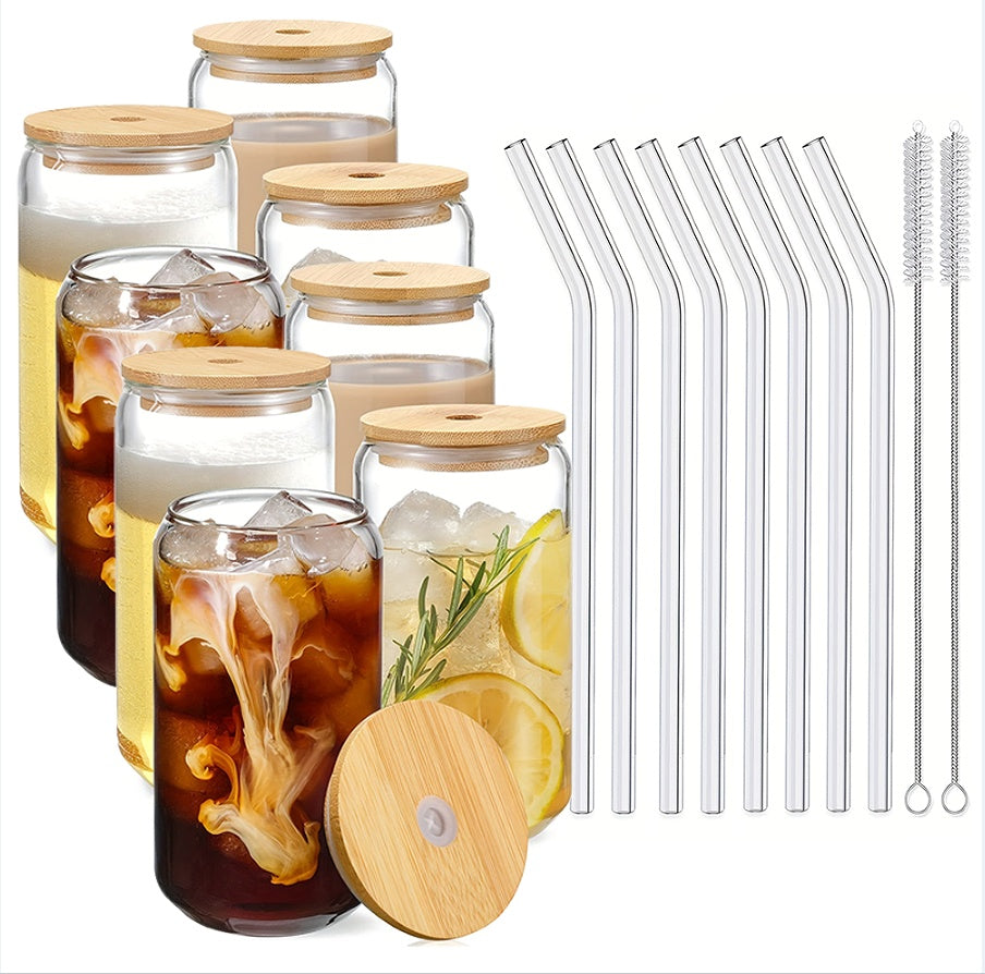 Glass Cup With Bamboo Lid And Reusable Straw