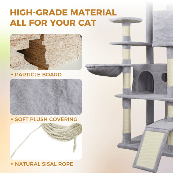 84.6-Inch Light Gray Cat Tree Tower with Multiple Condos, Hammocks, Scratching Posts & Ladder