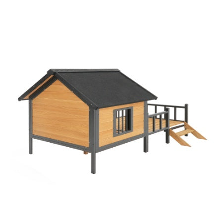Outdoor Wooden Dog Kennel with Covered Cabin and Porch for Large Dogs