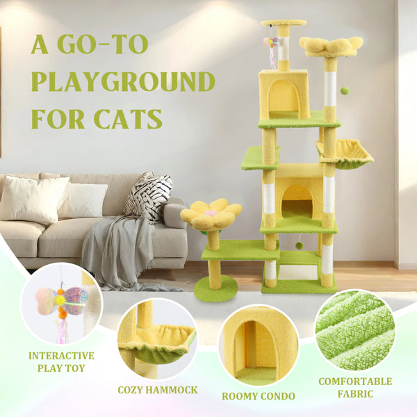 71" Flower Cat Tree with Large Condo, Removable Flower Cushion & Hammock – Yellow