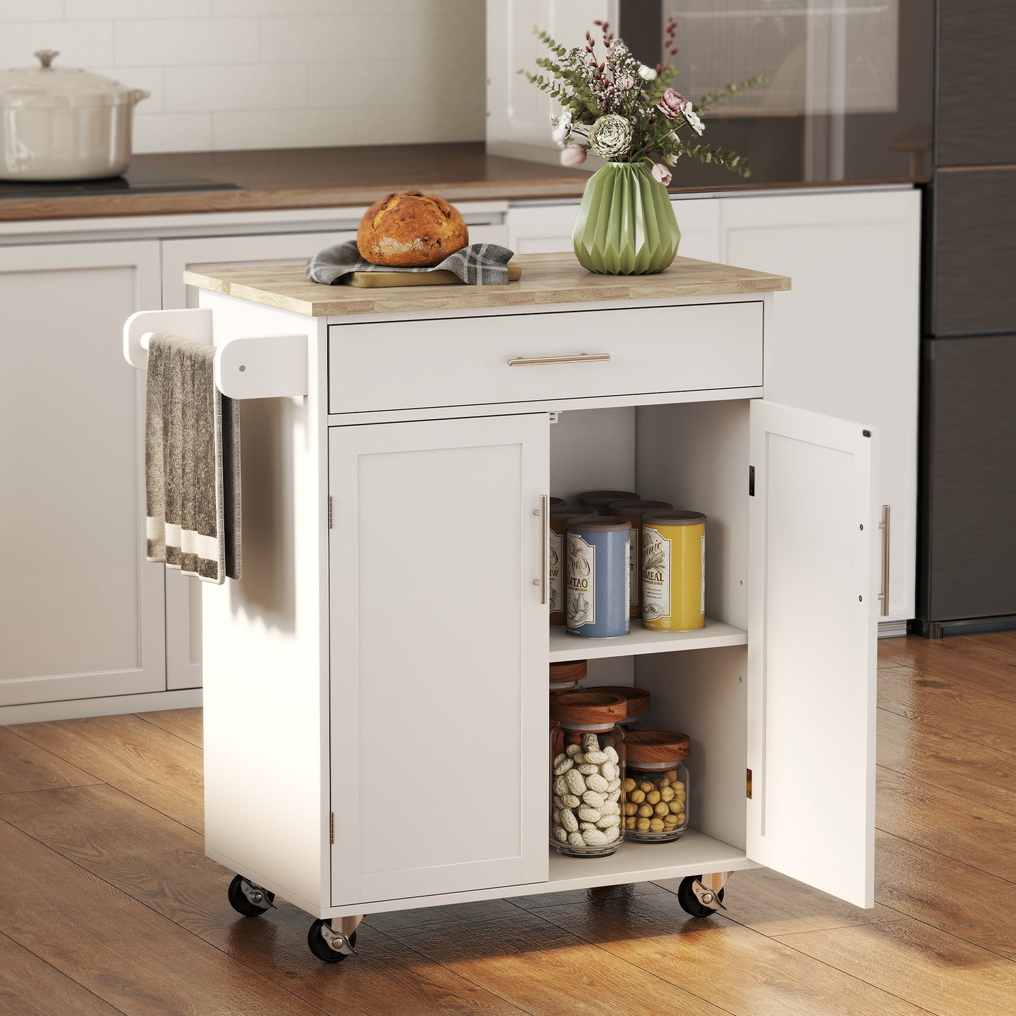 Kitchen Island Cart With Rubberwood Top And Adjustable Storage