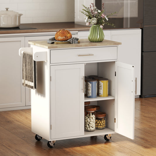 Kitchen Island Cart With Rubberwood Top And Adjustable Storage