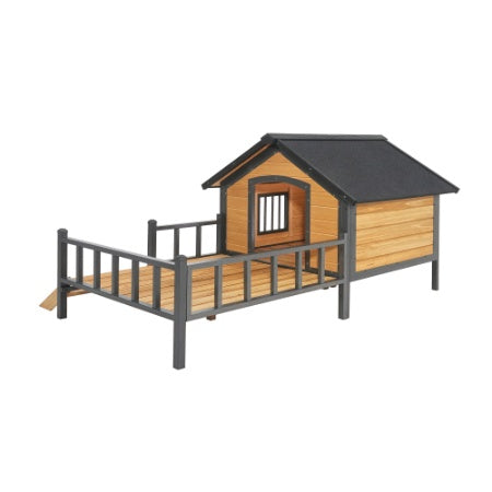 Outdoor Wooden Dog Kennel with Covered Cabin and Porch for Large Dogs