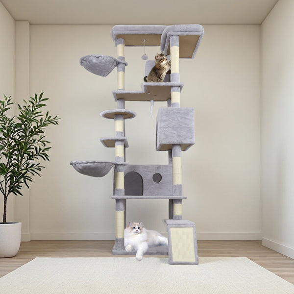 84.6-Inch Light Gray Cat Tree Tower with Multiple Condos, Hammocks, Scratching Posts & Ladder