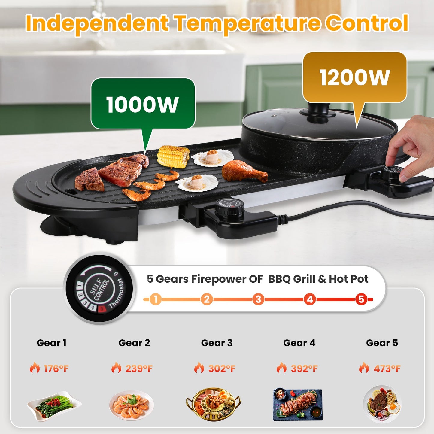 2 In 1 Electric Hot Pot And BBQ Grill Cooker With Independent Temperature Control
