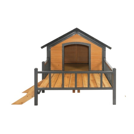 Outdoor Wooden Dog Kennel with Covered Cabin and Porch for Large Dogs