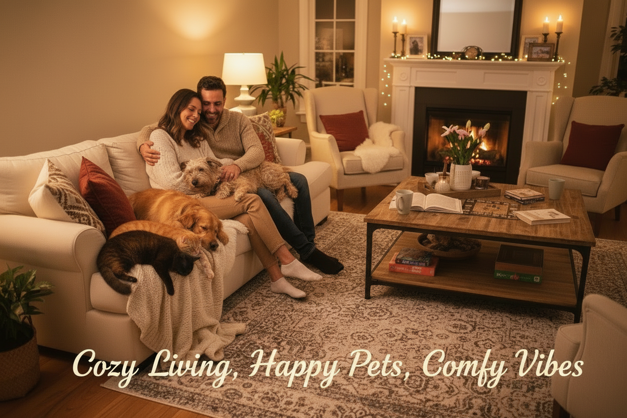 Can you add Text across the bottom of the image saying "Cozy Living, Happy Pet, Comfy Vibes"