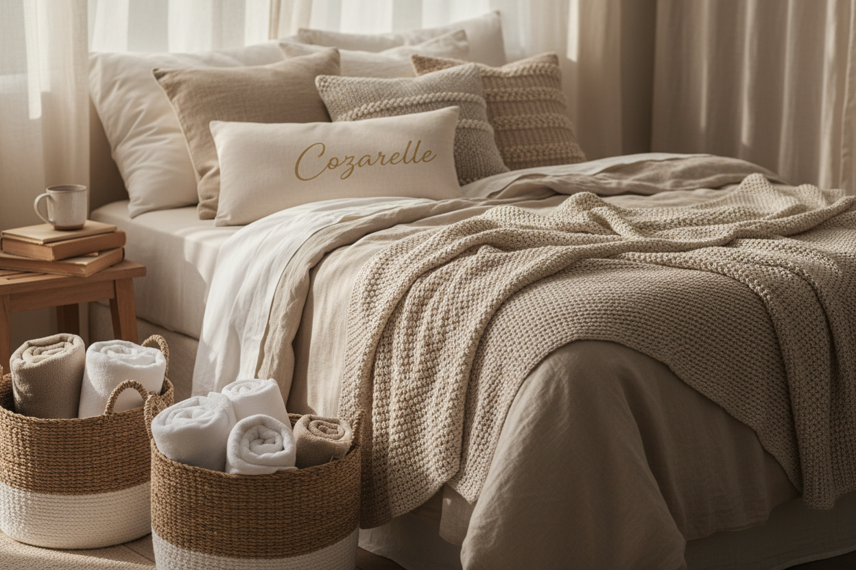 Cozarelle is your cozy-home signature line – soft textures, warm neutrals, and lived-in details that make every room feel inviting. Explore bedding, bath, textiles, decor, and everyday comforts designed to turn real-life spaces into relaxed, cozy retreats. Can you add the brand name Cozarelle somewhere on the image please.
