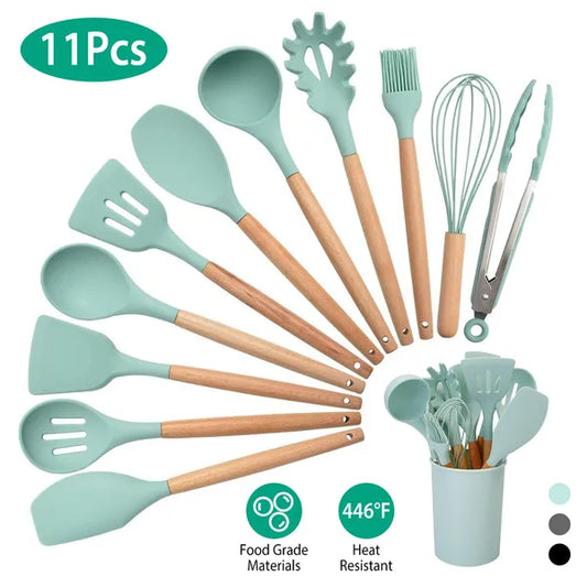 11 Piece Silicone Kitchen Utensil Set With Bamboo Handles