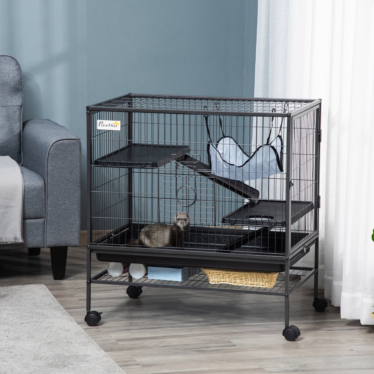 3 Tier Rolling Small Animal Cage with Ramps, Hammock and Storage Shelf