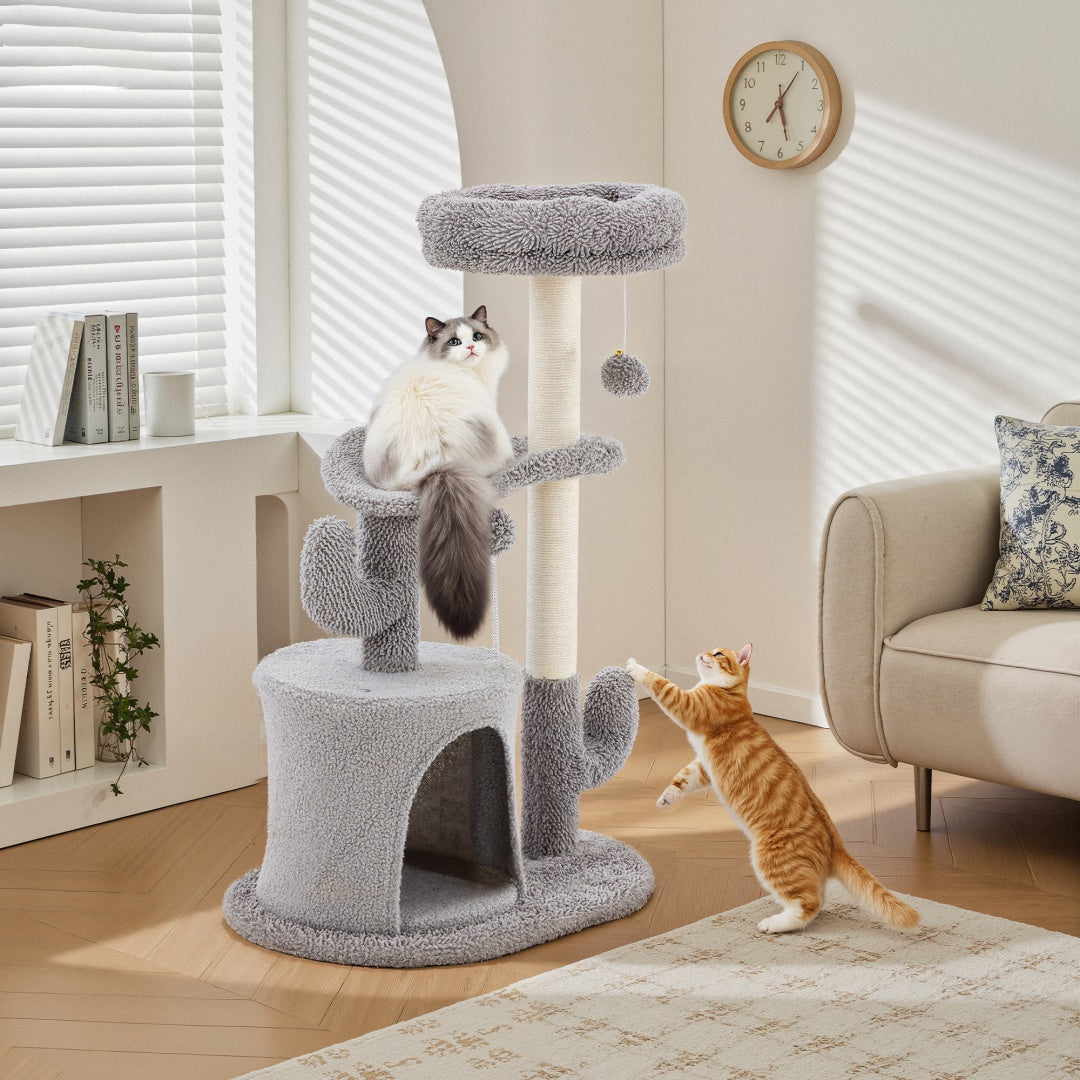 Small Cat Tree Tower with Curved Bed – 33" Cactus-Style Cat Scratching Post with Perches