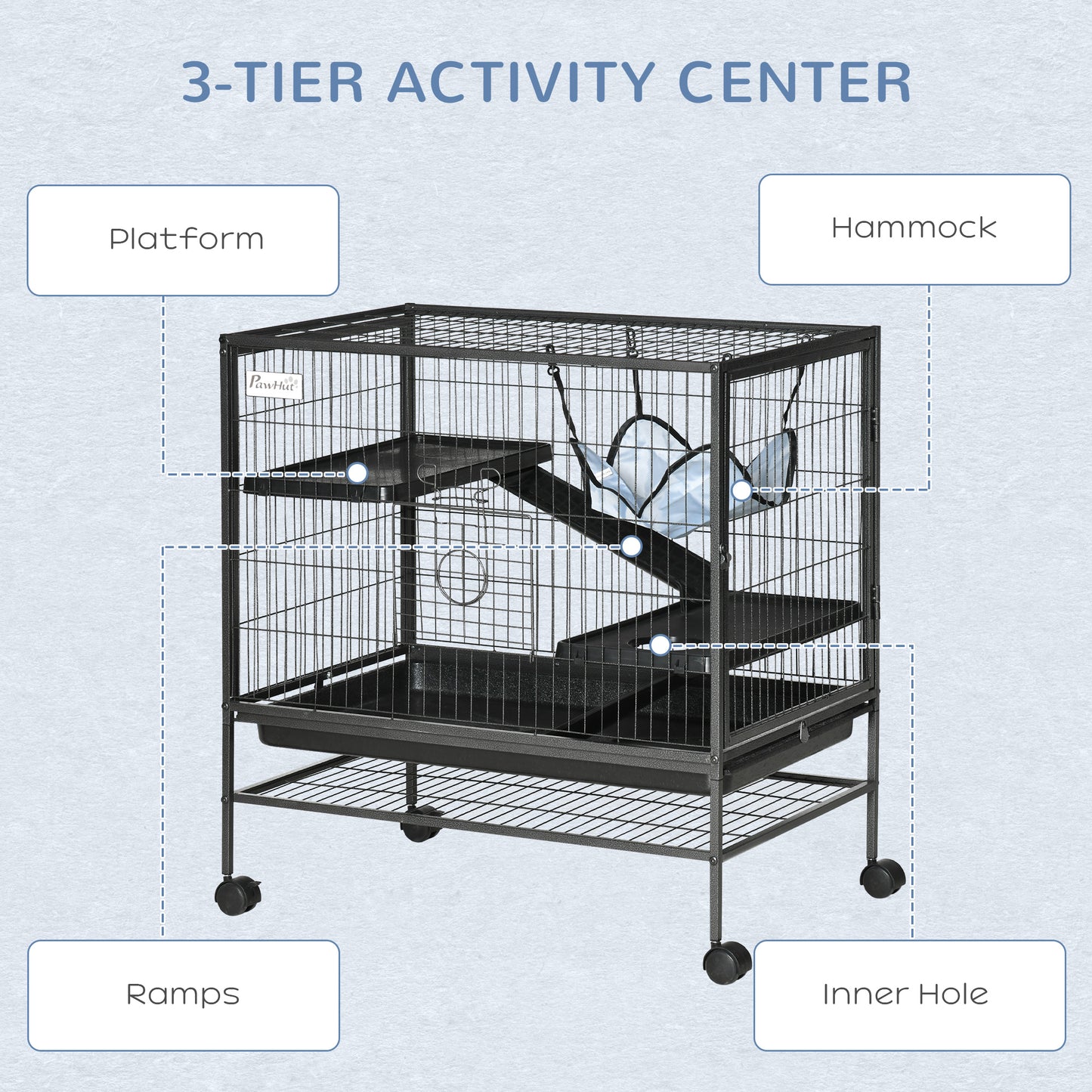 3 Tier Rolling Small Animal Cage with Ramps, Hammock and Storage Shelf
