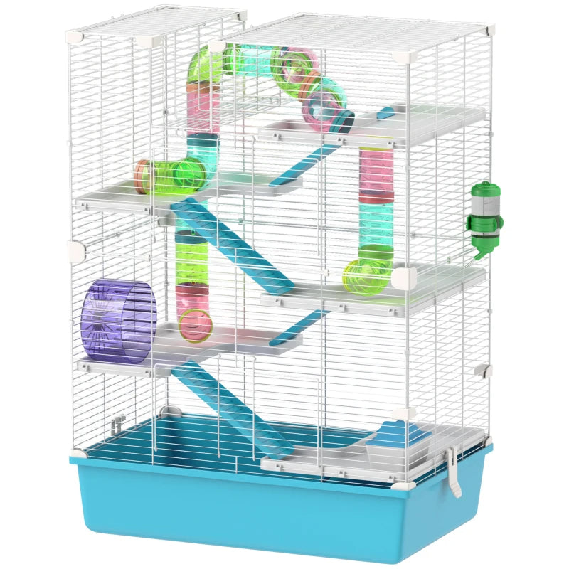 6-Tier Hamster & Gerbil Cage with Tubes, Wheel, Hut, Ramps, Bottle & Dish (Light Blue)