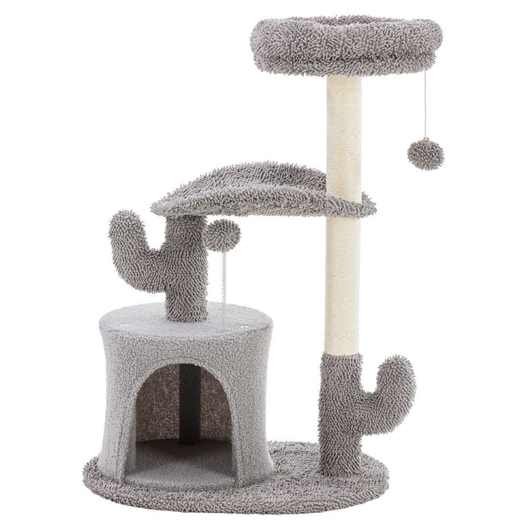 Small Cat Tree Tower with Curved Bed – 33" Cactus-Style Cat Scratching Post with Perches