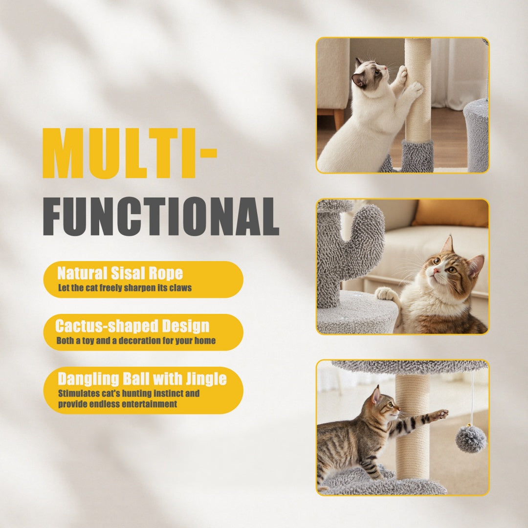 Small Cat Tree Tower with Curved Bed – 33" Cactus-Style Cat Scratching Post with Perches