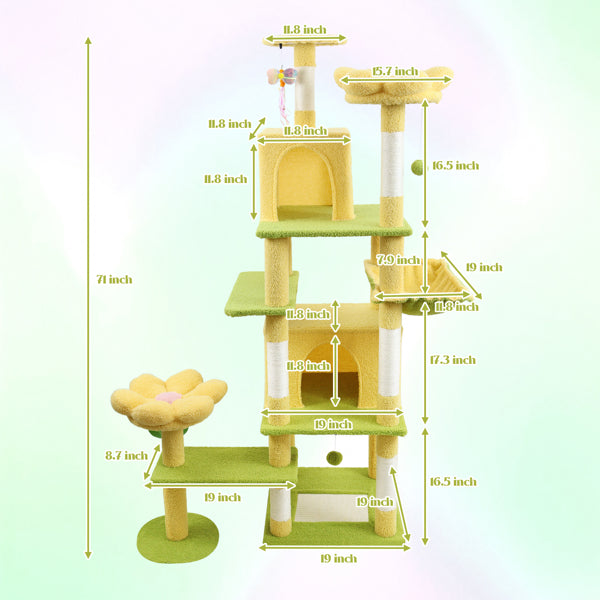 71" Flower Cat Tree with Large Condo, Removable Flower Cushion & Hammock – Yellow