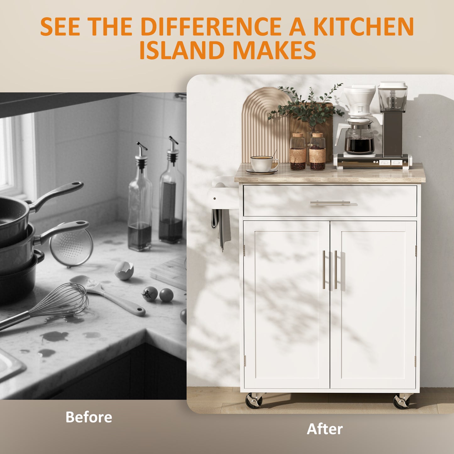 Kitchen Island Cart With Rubberwood Top And Adjustable Storage