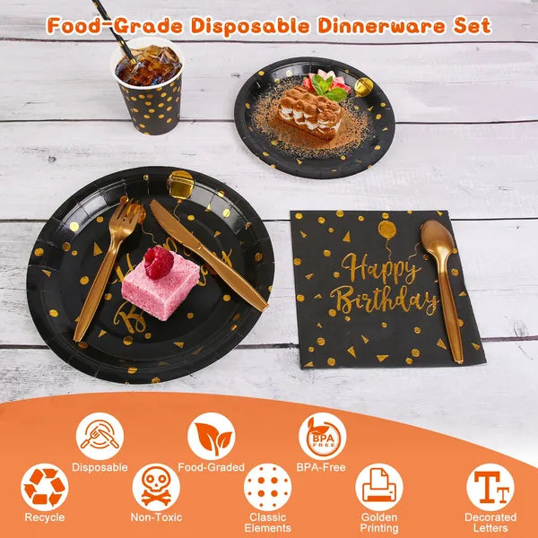201 Piece Black And Gold Birthday Party Dinnerware Set