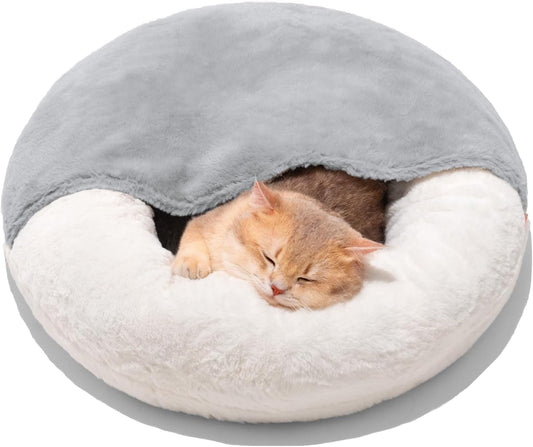 Plush 2-in-1 Cat Cave Donut Bed With Hooded Blanket for Cats and Small Dogs