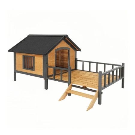 Outdoor Wooden Dog Kennel with Covered Cabin and Porch for Large Dogs
