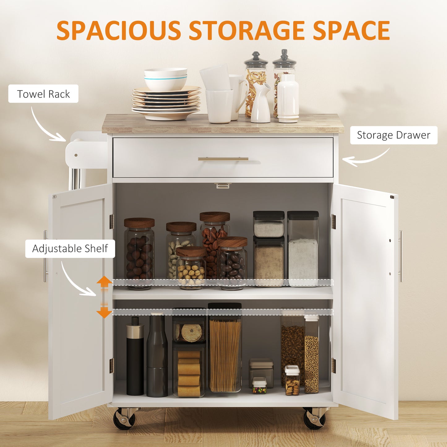 Kitchen Island Cart With Rubberwood Top And Adjustable Storage